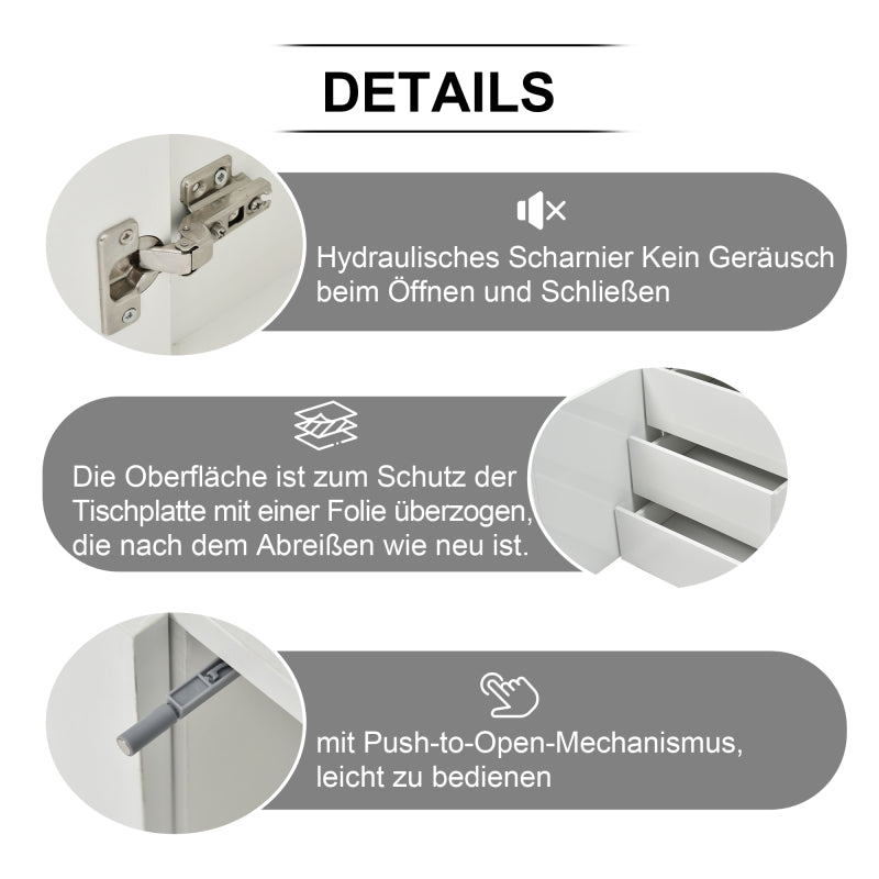 Sideboard Schrank Modern Wohnzimmer Beistellschrank Standschrank Kommode Highboard Anrichte Möbel 2 Türen 3 Schubladen Hochglanz Sideboard mit LED Licht Grifflose 140x35x72.5cm - Weiß
