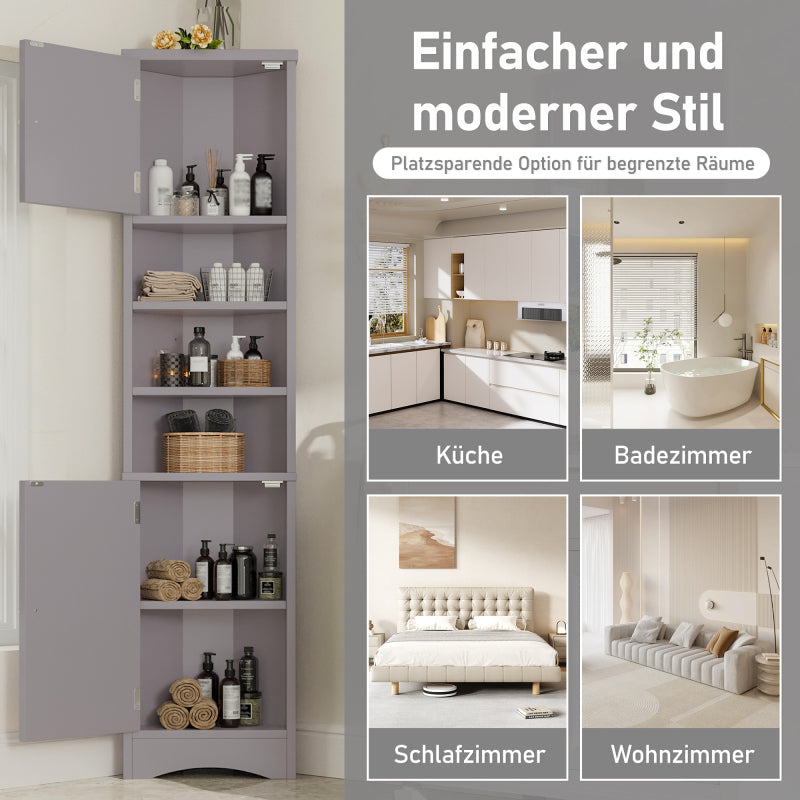 36.5 x 24.5 x 170cmDreieckiger Badezimmerschrank, feuchtigkeitsbeständiger Lack, drei offene Ablagefächer, Doppeltüren, verstellbare Einlegeböden, platzsparend, Grau