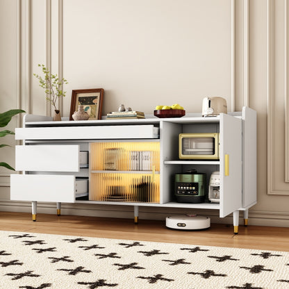 Sideboard mit Glasschiebetüren und LED-Beleuchtung – Freistehende Kommode aus Holz, Weiß