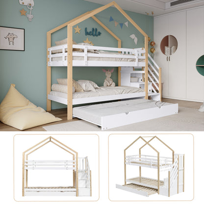 Etagenbett, Ausziehbares Baumhausbett, Schiebebett, Treppe mit 3 Schubladen, Kinderbett mit Absturzsicherung und Kinderbettgitter, mit Lattenroste, Natur+Weiß (90x200cm&90x190cm) [30813567NAA]