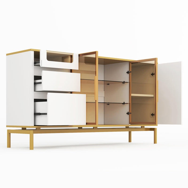 Elegantes Sideboard 150Lx40Bx80H cm, weiß, Arbeitsplatte aus Marmor, goldene Zierleiste - Moderner Stauraumschrank mit Glas- und Holzfächern