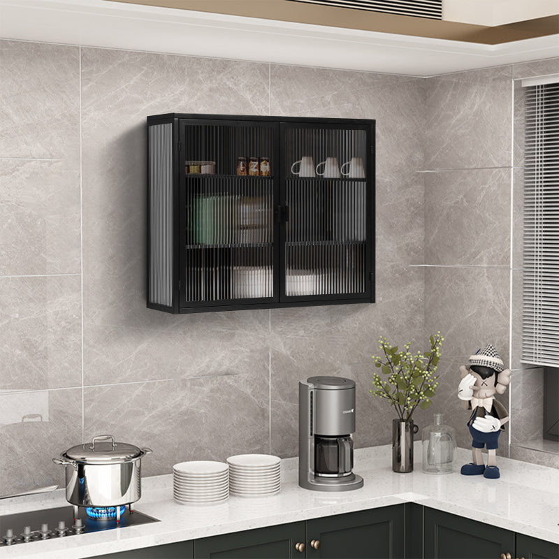 70CM Glastüren Moderner zweitüriger Wandschrank mit dreistufiger Lagerung für Eingangsbereich Wohnzimmer Badezimmer Esszimmer(Black)