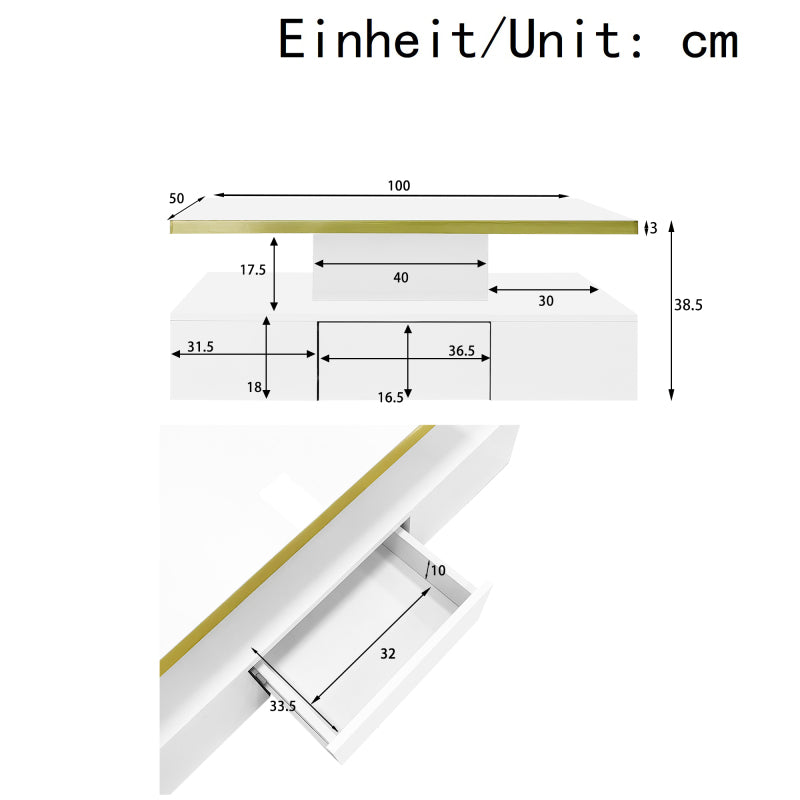 Couchtisch, Tisch mit Schubladen, Hochglanzlackierung, Beistelltisch mit zwei Ablageebenen. Mit LED-Licht