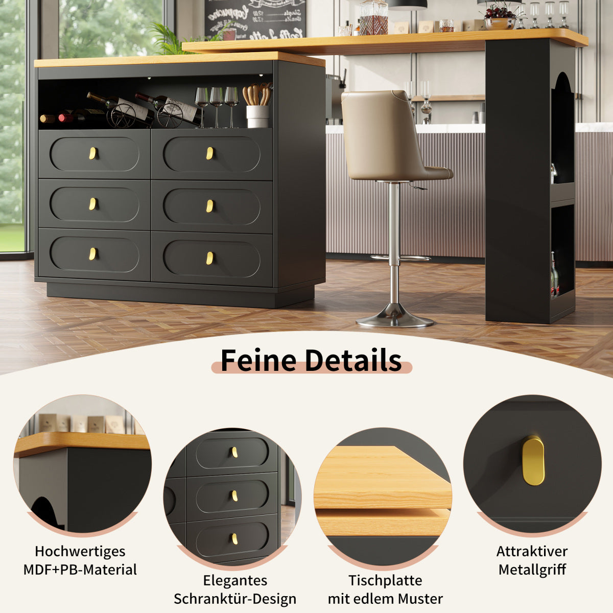 Bartisch ausziehbar 138-203cm, 360° drehbarer Stehtisch mit 6 Schubladen & Snack-Regal, moderner Küchentisch, Schreibtisch & Bar, Schwarz