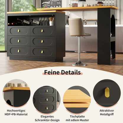 Bartisch ausziehbar 138-203cm, 360° drehbarer Stehtisch mit 6 Schubladen & Snack-Regal, moderner Küchentisch, Schreibtisch & Bar, Schwarz