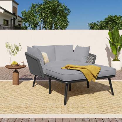 Gartensofa mit 2 Kissen und 2 Polster, Sonnenliege im Außenbereich, Gartenlounge, Kissen sind abnehmbar und waschbar, Beige