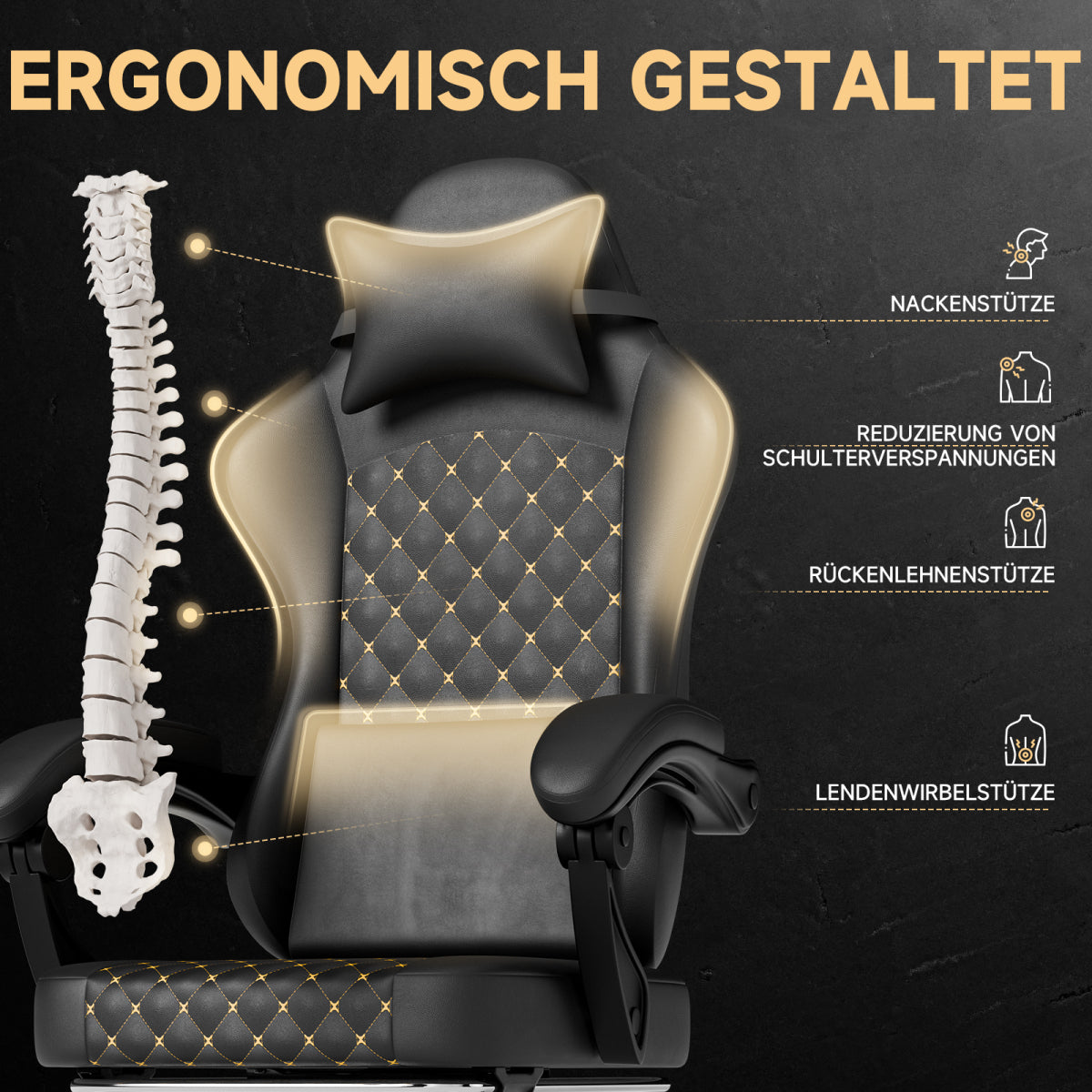 Gaming Stuhl mit Massage, Fußstütze, PVC-Leder, 150 kg Belastbar, Ergonomisch, Schwarz