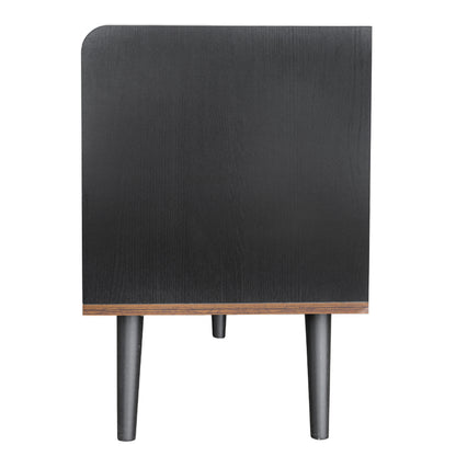 TV-Schrank mit zwei Schubladen, Fernsehtisch TV Board, TV- Lowboard niedrige Platte mit zwei Schiebetüren. Exquisite Textur. Schwarz und natürliches Holzfarbe. H58/L160/T40 cm
