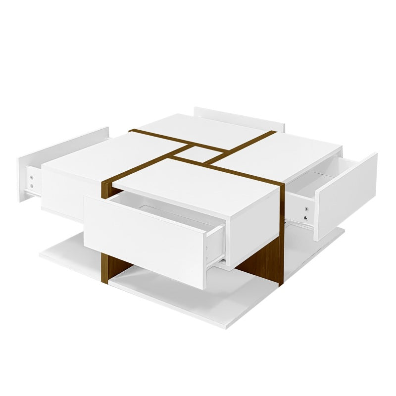 Hochglanz-Couchtisch, Tisch mit 4 Schubladen, einzigartige Farbabstimmung und Liniendesign, Stauraum unten. 78*78*34,8cm