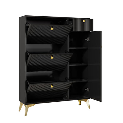 Schuhschrank mit 3 Klappen, 1 Schublade und 1 Tür, Schuhregal, Schuhkipper schmal, Schuhschrank Schwarz