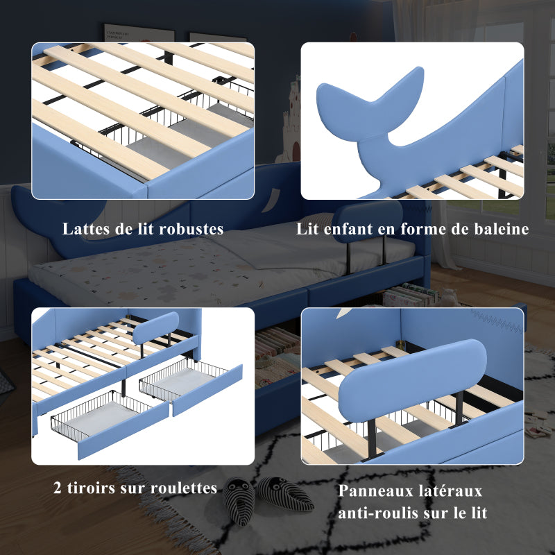 Kinder-Spleißbett, Polsterbett, Tagesbett, Walförmiges Design, Schlafsofa mit Metallbettgestell, 2 Schubladen auf Rollen, PU+MDF+Sperrholz, Blau, 90x200cm