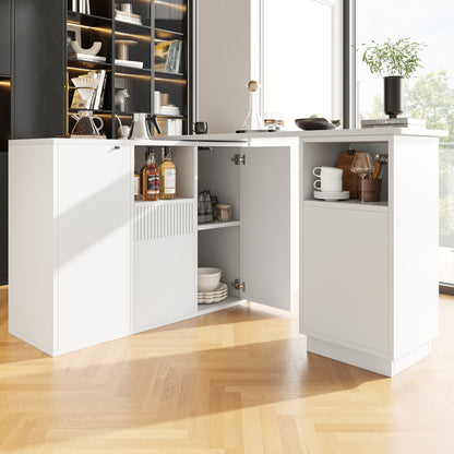 360° Drehbarer Bartisch 210cm L-Form Kücheninsel mit Marmor-Optik Arbeitsplatte, Moderner Tresen & Aufbewahrungsschrank Weiß, Sideboard