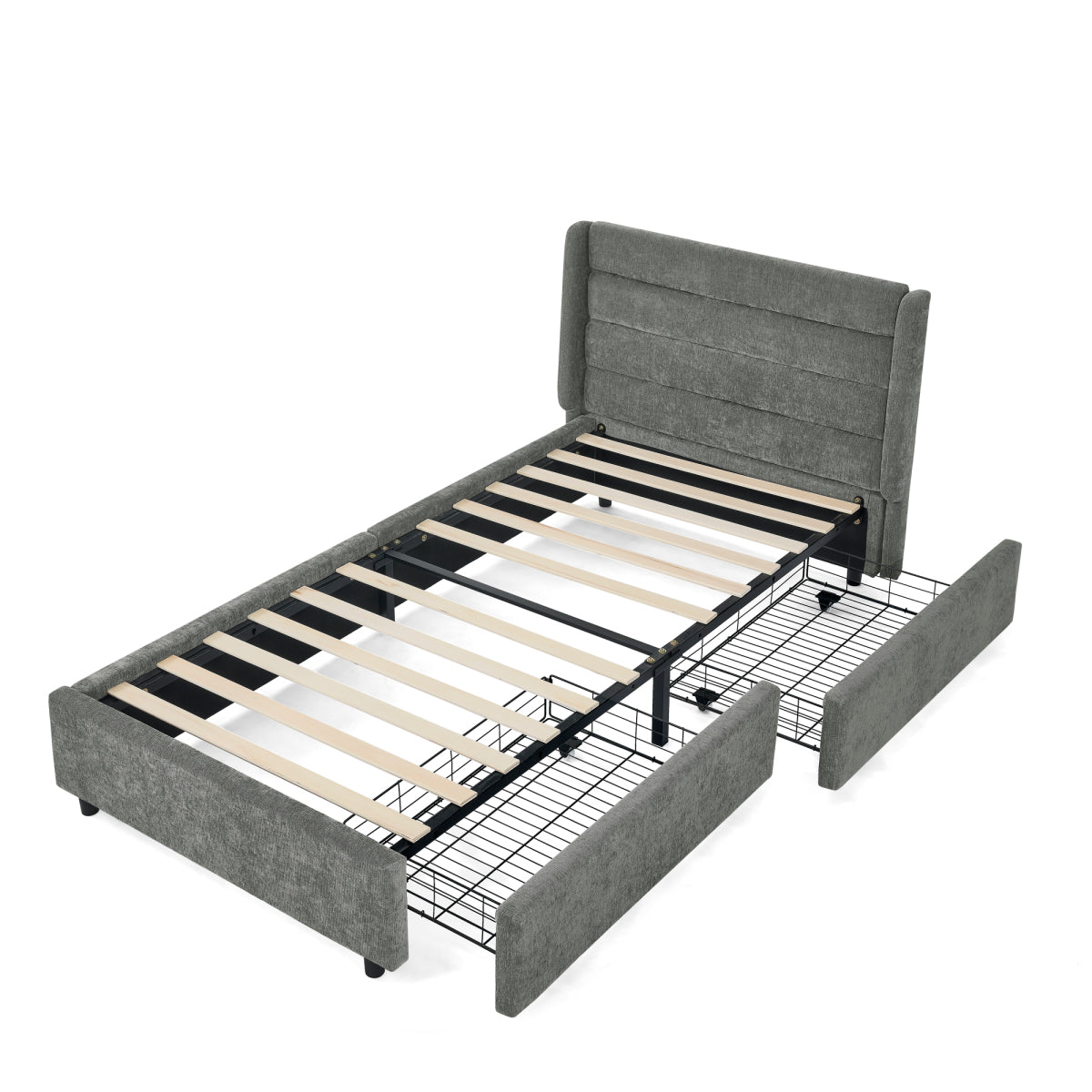 Einzelbett 90×200 cm mit Chenille-Oberfläche & 2 Schubladen, stabiles Bettgestell aus Holz/Metall, ideal für Kinder-, Jugend- & Gästezimmer, Gray (ohne Matratze)