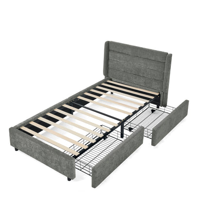 Einzelbett 90×200 cm mit Chenille-Oberfläche & 2 Schubladen, stabiles Bettgestell aus Holz/Metall, ideal für Kinder-, Jugend- & Gästezimmer, Gray (ohne Matratze)