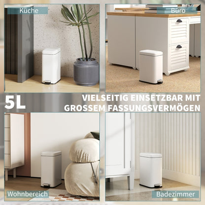 Mülleimer 5L Treteimer mit Deckel und Fußpedal, Müllbehälter mit Inneneimer, Badezimmer-Mülleimer für Wohnzimmer, Büro, Metall, Weiß