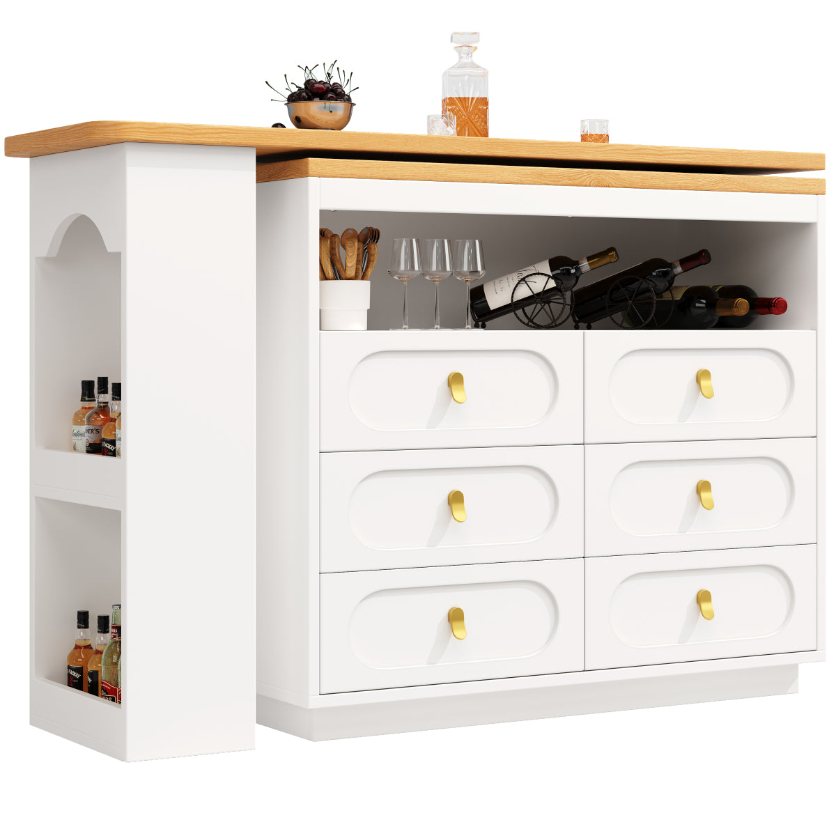 Bartisch ausziehbar 138-203cm, 360° drehbarer Stehtisch mit 6 Schubladen & Snack-Regal, moderner Küchentisch, Schreibtisch & Bar, Weiß
