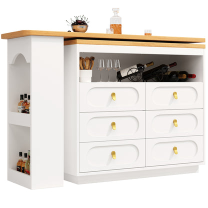 Bartisch ausziehbar 138-203cm, 360° drehbarer Stehtisch mit 6 Schubladen & Snack-Regal, moderner Küchentisch, Schreibtisch & Bar, Weiß