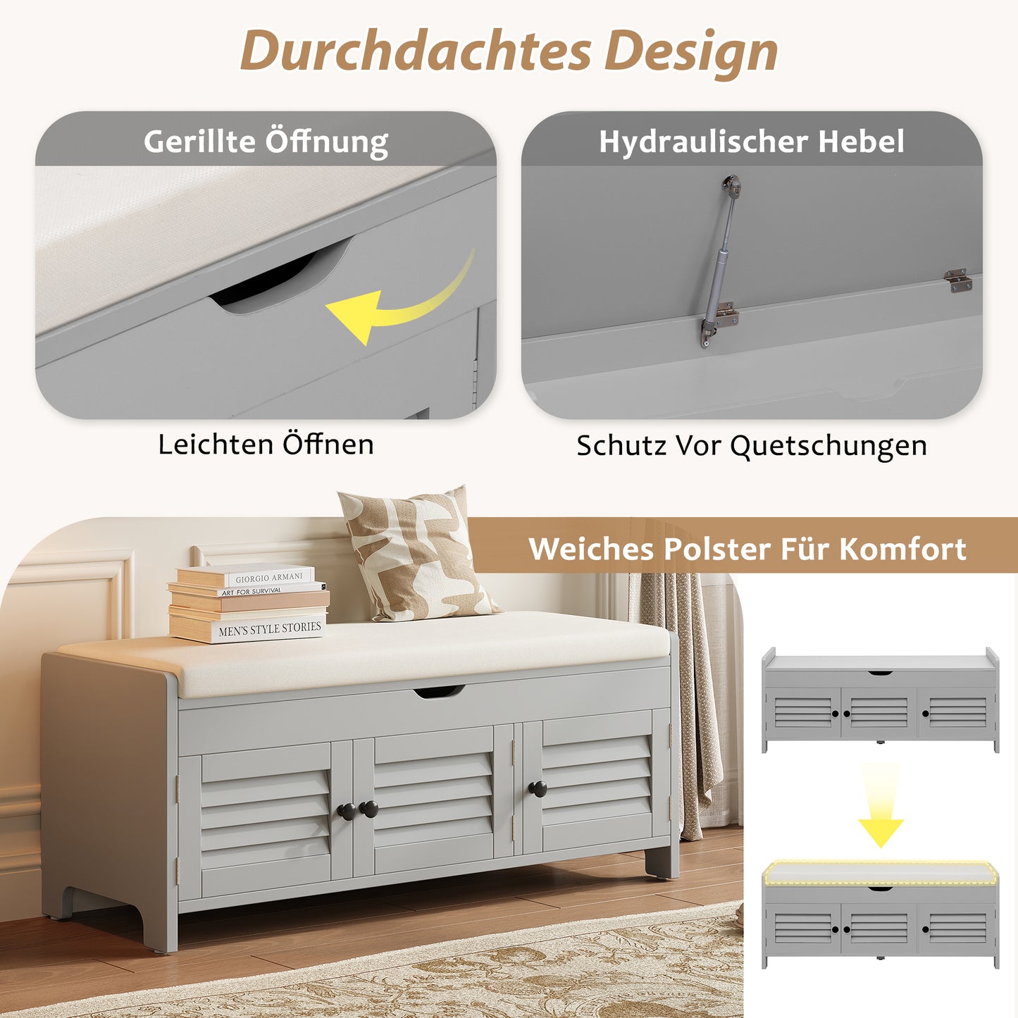 Moderne schuhbank mit sitzfläche, Eingangsbereich, Wohnzimmer, flurmöbel,  Grau