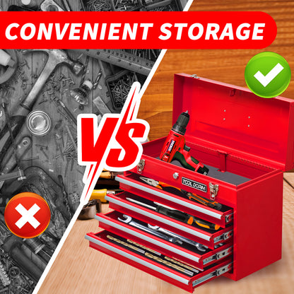 20.3inch Metal Tool Box with Drawers Portable Steel Metal Tool Box with Protective Liner and Metal Latch Closure and Lock for Garage, Home and Warehouse (Red-4 Drawers)