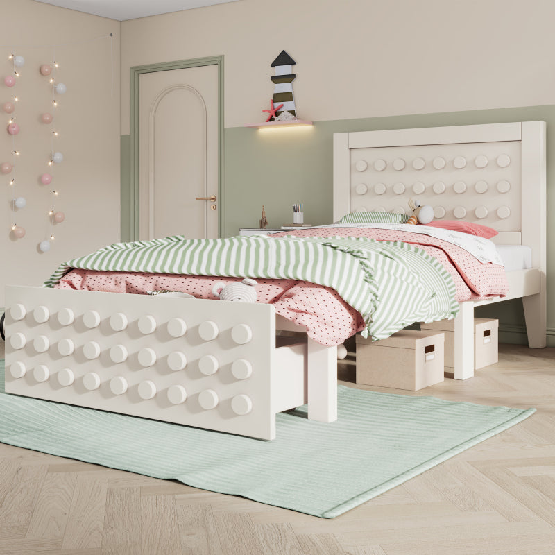 Holzbett Einzelbett 90x190 cm, Kinderbett Jugendbett mit Kreativem Block Design, Massivholz Bettgestell mit Lattenrost, mit Schubladen & Unterm Bett Stauraum, Weiß, Ohne Matratze
