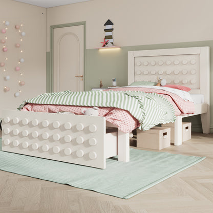 Holzbett Einzelbett 90x190 cm, Kinderbett Jugendbett mit Kreativem Block Design, Massivholz Bettgestell mit Lattenrost, mit Schubladen & Unterm Bett Stauraum, Weiß, Ohne Matratze