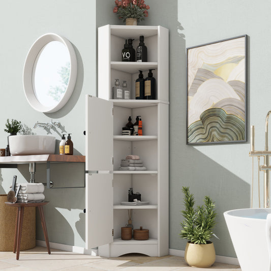 Dreieckiger Badezimmerschrank, feuchtigkeitsbeständiger Lack, zwei offene Ablagefächer, zwei Schranktüren, verstellbare Trennwände, einfache Form, weiß