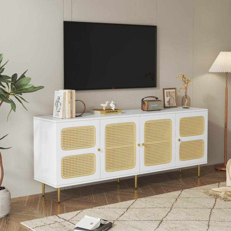 Eleganter Weißer Rattan-TV-Schrank 180x40x72 cm - Mit 4 Rattantüren, Höhenverstellbaren Regalen und Kabelmanagement, Für bis zu 80 Zoll Fernseher,TV-Schränke,Lowboards