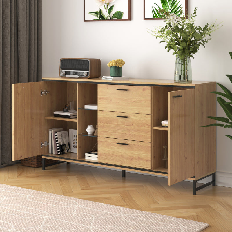Sideboard mit drei Schubladen, exquisite Maserung. Modernes Sideboard in Holzfarbe mit Ablagefächern – stilvolle und funktionale Wohnmöbel. Schwarz und Holzfarbe.
