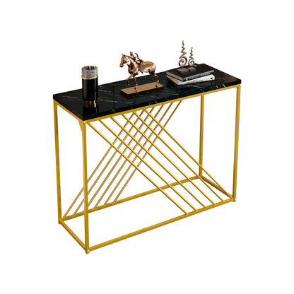 MDF Hochglanz Tisch für den Eingangsbereich, Konsolentisch, Flurtisch, Sideboard, Beistelltisch, Vintage, Schwarzer Tisch mit goldenem Fuß,
