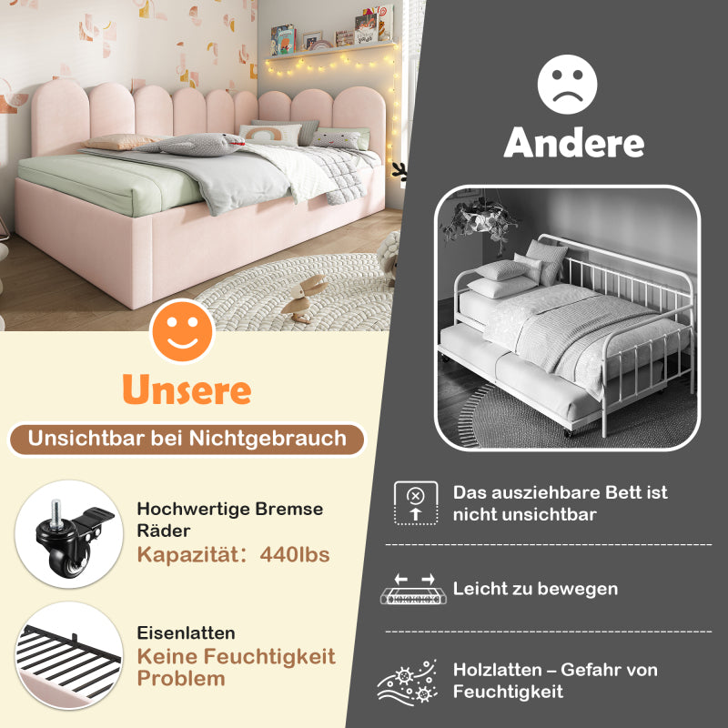 Polsterbett Daybett 90x200cm,Tagesbett Schlafsofa mit Ausziehbett 90x190cm, Kinderbett mit Lattenrost, Samt, Rosa, ohne Matratze