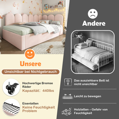 Polsterbett Daybett 90x200cm,Tagesbett Schlafsofa mit Ausziehbett 90x190cm, Kinderbett mit Lattenrost, Samt, Rosa, ohne Matratze