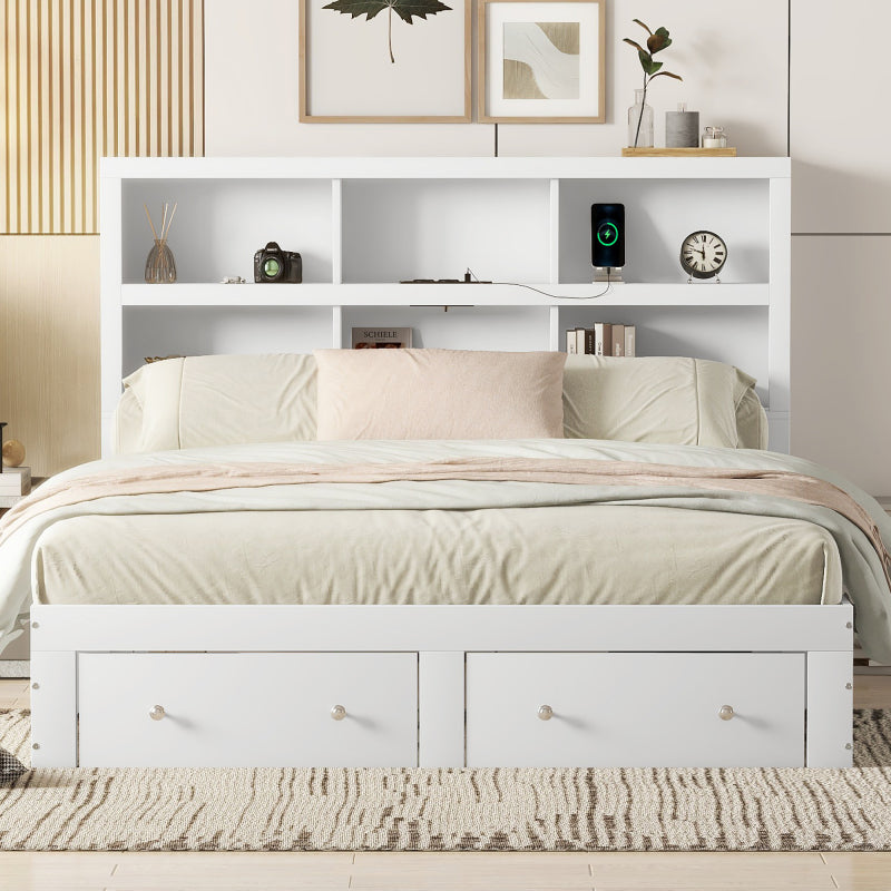 160*200cm Doppelbett, Kingsize-Plattformbett mit zwei Schubladen am Fußende des Bettes, Kopfteil mit Stauraum, Weiß
