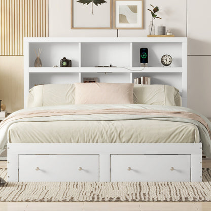 160*200cm Doppelbett, Kingsize-Plattformbett mit zwei Schubladen am Fußende des Bettes, Kopfteil mit Stauraum, Weiß