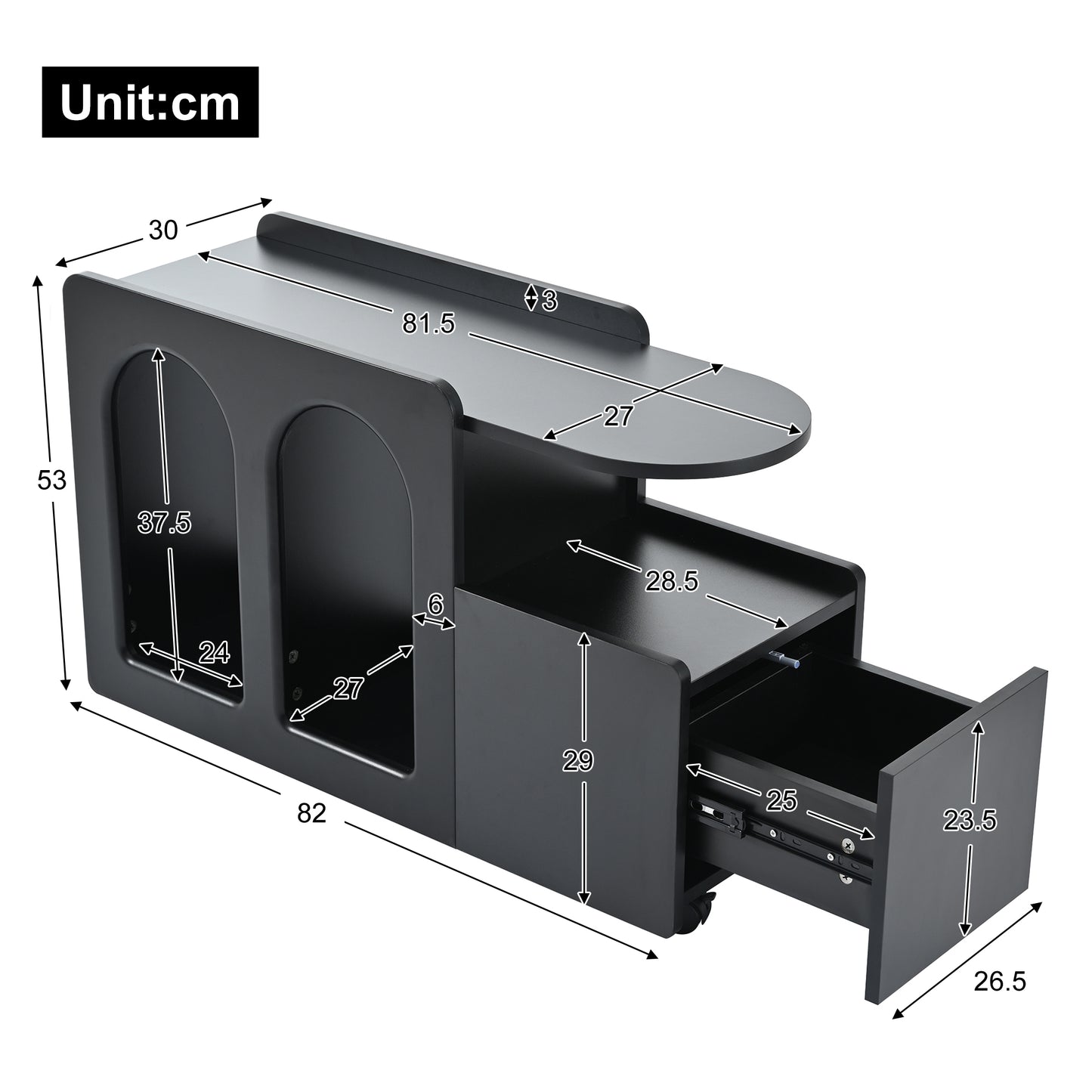 Beistellschrank mit Rollen, vielseitiger Aufbewahrungswagen für Wohnzimmer, Esszimmer und Schlafzimmer, Schwarz
