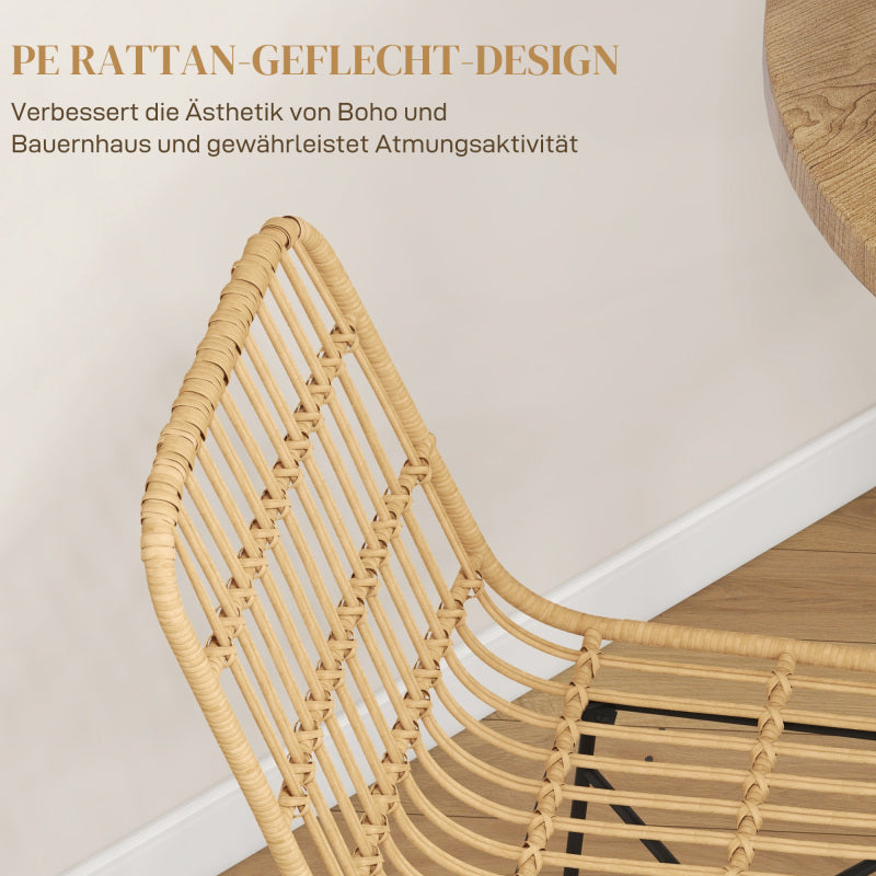 Barhocker 2er-Set Boho-Stil aus Rattan mit Rückenlehne und Stahl bis 120 kg, 45 x 53,5 x 105 cm, Natur & Schwarz