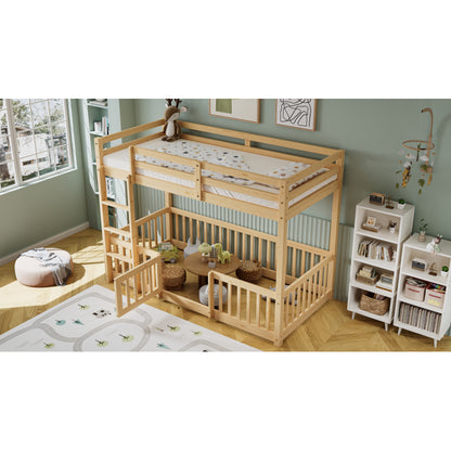 Etagenbett mit rechtwinkliger Treppe, Bett mit Zäune und Türchen, Kinderbett mit Fallschutz und Gitter, Massivholz, natur (200x90cm)