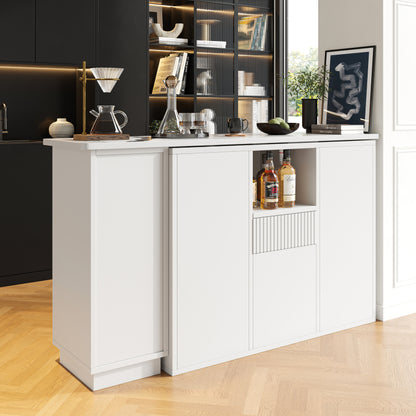 Um 360° drehbarer Bartisch (Hauptkörper 198,5 x 30 x 75 cm), modernes und schlichtes weißes Design, mit offenem Stauraum und Marmor-Arbeitsplatte, geeignet für Küche, Wohnzimmer und Esszimmer