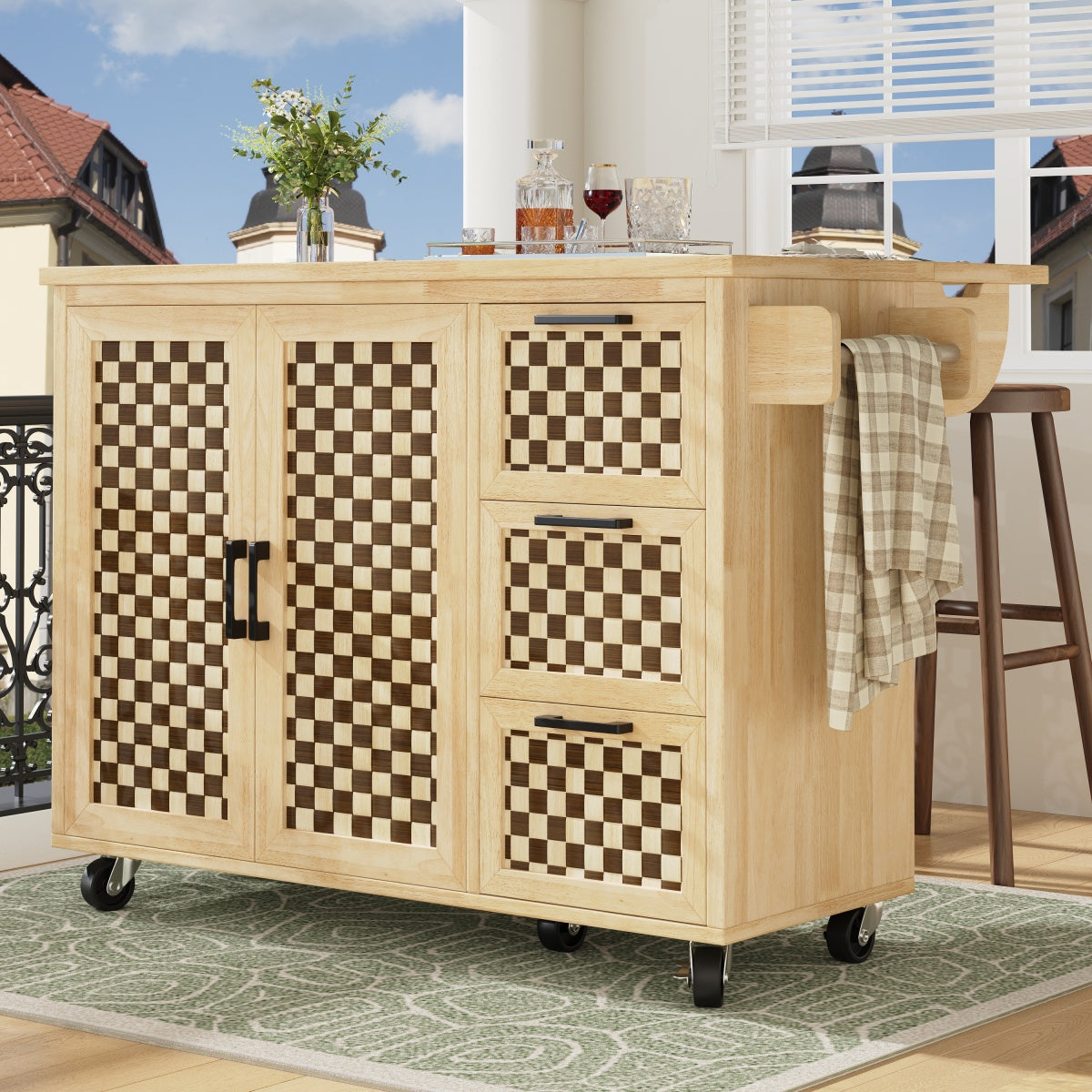Kücheninsel 120x75cm klappbar Servicewagen mit Rollen, Buffetschrank Natur Holzoptik, Schachbrettmuster, 3 Schubladen & Handtuchhalter