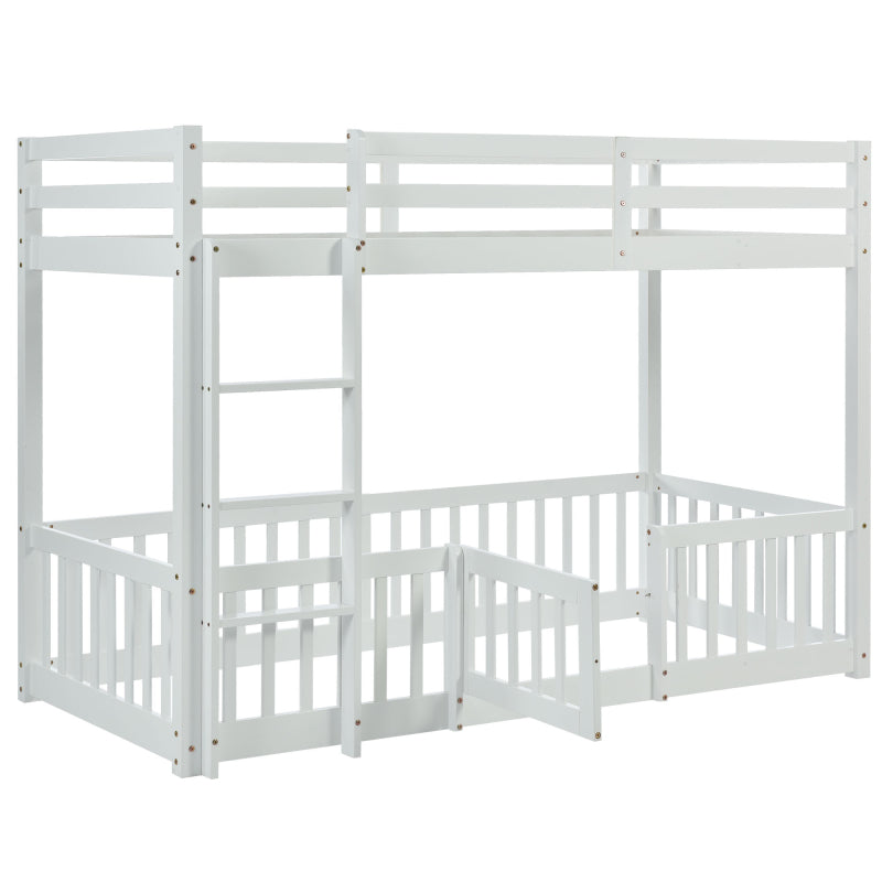 Etagenbett mit rechtwinkliger Treppe, Bett mit Zäune und Türchen, Kinderbett mit Fallschutz und Gitter, Massivholz, weiß (200x90cm)