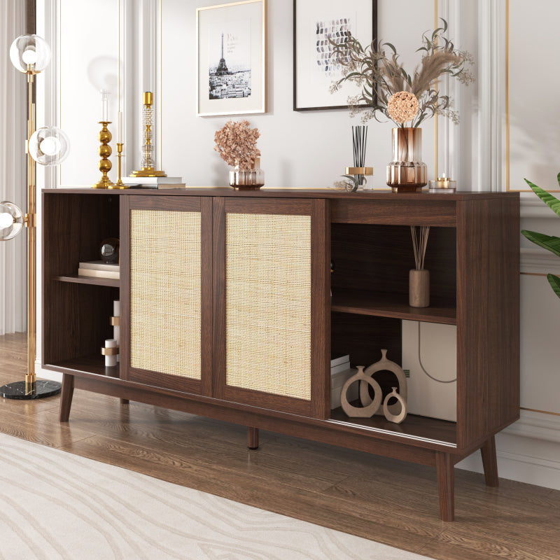 Sideboard mit 3 Schiebetüren aus echtem Rattan und 2 Schubladen, 155x38x80 cm, atmungsaktiv, stabil und vielseitig