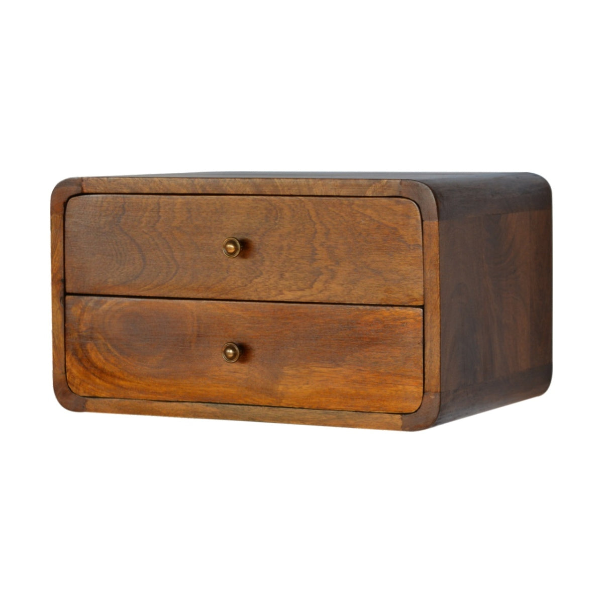 Schwebender Nachttisch aus massivem Mangoholz – Kastanienbraun, Curved Design, 2 Schubladen, Handgefertigt, Wandmontage, 45x32x25 cm