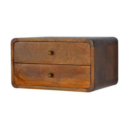 Schwebender Nachttisch aus massivem Mangoholz – Kastanienbraun, Curved Design, 2 Schubladen, Handgefertigt, Wandmontage, 45x32x25 cm
