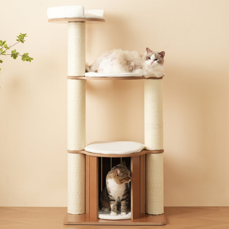 Katzenkratzbaum mit XXL-Stamm, 3-stufige Plattformen, 1 Katzenhaus, herausnehmbare Matten und Kippschutz,Wasserdicht und feuchtigkeitsbeständig