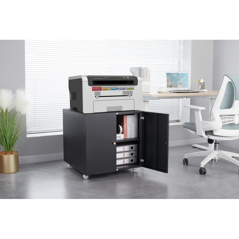 Metal Printer Stand with Storage Mobile Printer Tables for Small Spaces with Door Adjustable Shelf File Cabinet on Wheels for Home Office (Black)