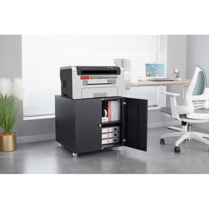 Metal Printer Stand with Storage Mobile Printer Tables for Small Spaces with Door Adjustable Shelf File Cabinet on Wheels for Home Office (Black)