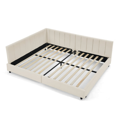 Doppelbett 160×200 cm aus Samt mit hoher Rückenlehne, stabiles Bettgestell aus Holz & Metall, ideal für Schlafzimmer & Familienzimmer, Beige (ohne Matratze)