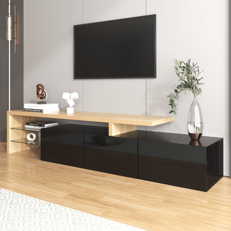 Modernes TV-Schrank-Design: Stilvolle Eleganz, praktischer Stauraum, Hochglänzendes Schwarz, Holzoptik, Glasböden, LED-Beleuchtung