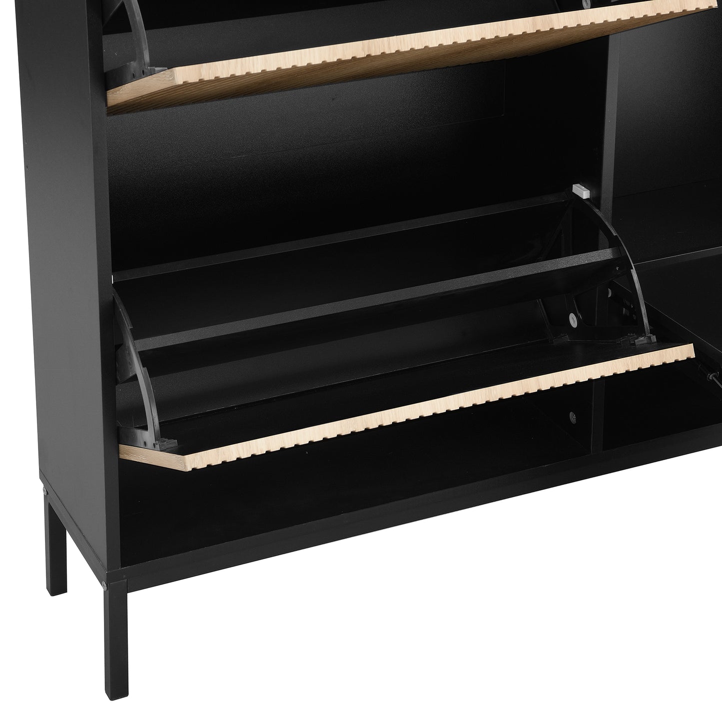 Schuhschrank mit Schuhwechselhocker, dreifach klappbarem Schuhregal und offenem Stauraum, geeignet für Flure, Schwarz + Holzfarbe