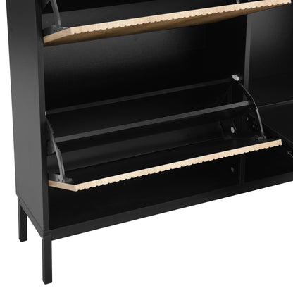 Schuhschrank mit Schuhwechselhocker, dreifach klappbarem Schuhregal und offenem Stauraum, geeignet für Flure, Schwarz + Holzfarbe