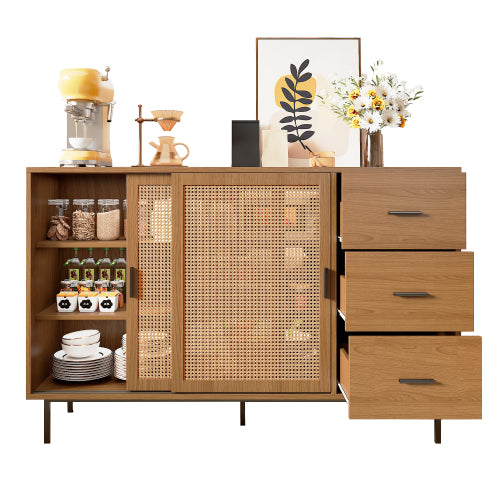Sideboard 140 cm Natur, Kommode mit Rattan-Schiebetüren